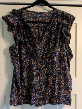 Old Navy Floral Ruffle Sleeve V-Neck Top - Navy XL